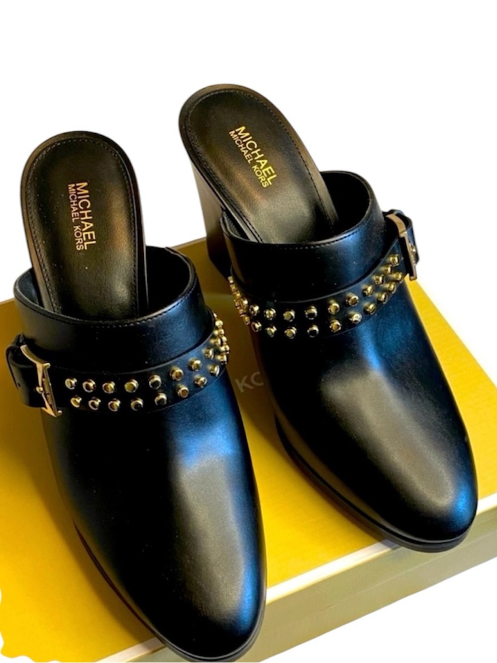 NIB Michael Kors Kara Mule Studded Faux Leather Clog Heel Shoe Black/Gold SZ 10